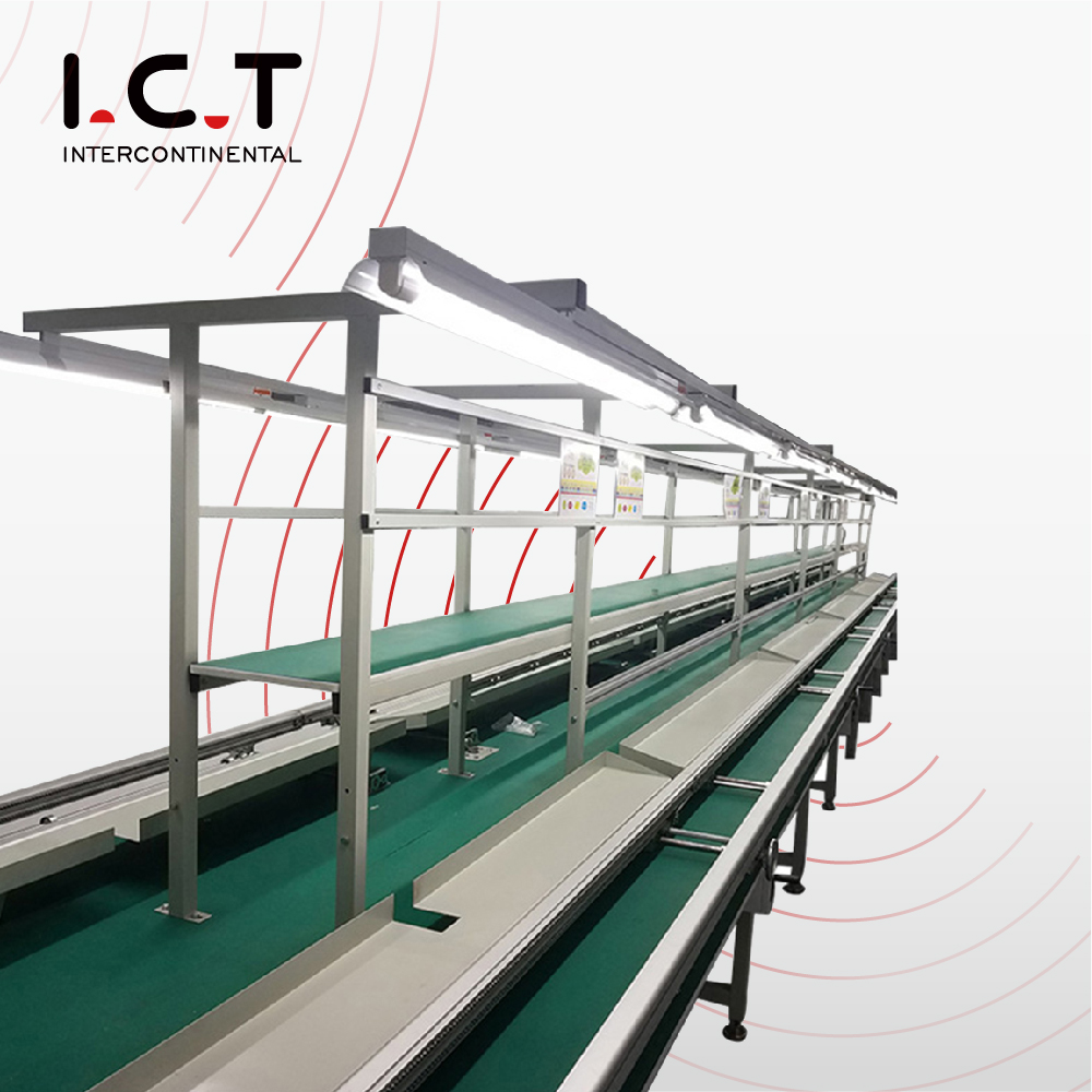 Línea de cinta transportadora de ensamblaje ICT LED TV SMT con mesas de trabajo